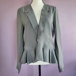 BCBGeneration Sage Green Open Front Buttoned Lapel Peplum Ruffle Hem Jacket